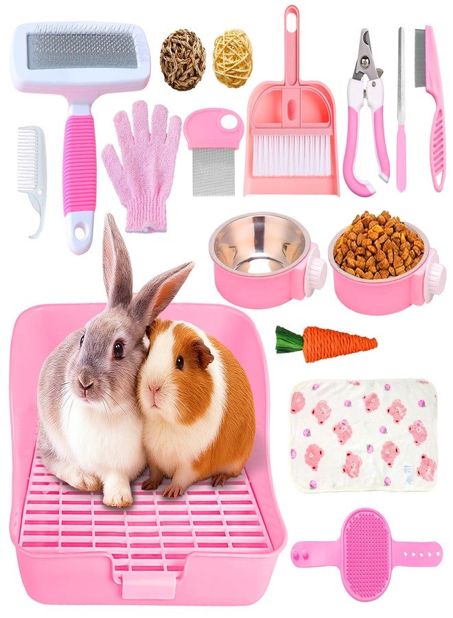 PRRPRR 16 Pcs Bunny Grooming Kit,Rabbit Litter Box, Bunny Toys,Blankets with Cleaning Supplies,Pet Toilet Potty with Detachable Hanging Pet Cage Bowl Suitable for Rabbit,Guinea Pig(Pink) (Pink (16PCS)) - Image 1